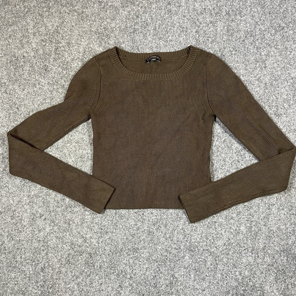 Express Ribbed Knit Sweater Womens XS Brown Long Sleeve Slim Fit Crew Neck B483